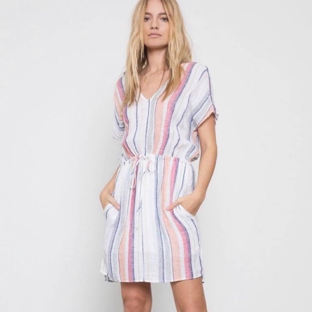 Striped V-Neck Drawstring Waist Summer Dress